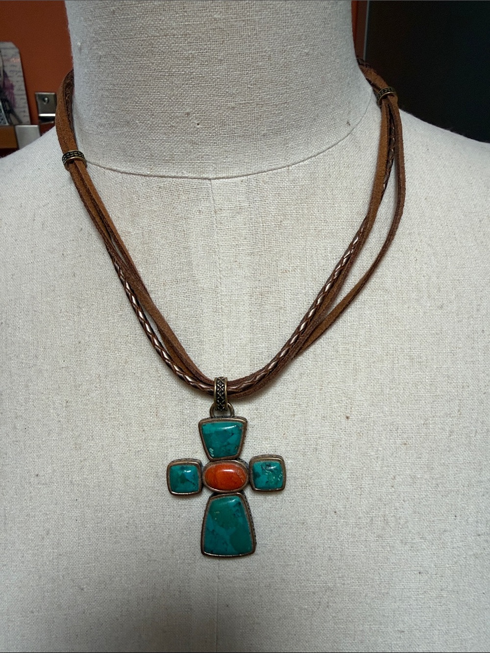 Barse Turquoise & Coral Cross Pendant - Brown leather Cord necklace